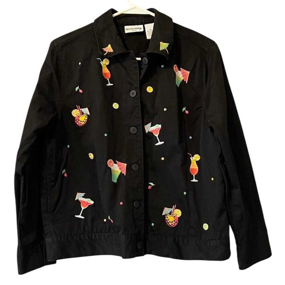 Breckenridge Black Embroidered Hawaiian Cocktail Drinks‎ Jean Jacket Petite Med